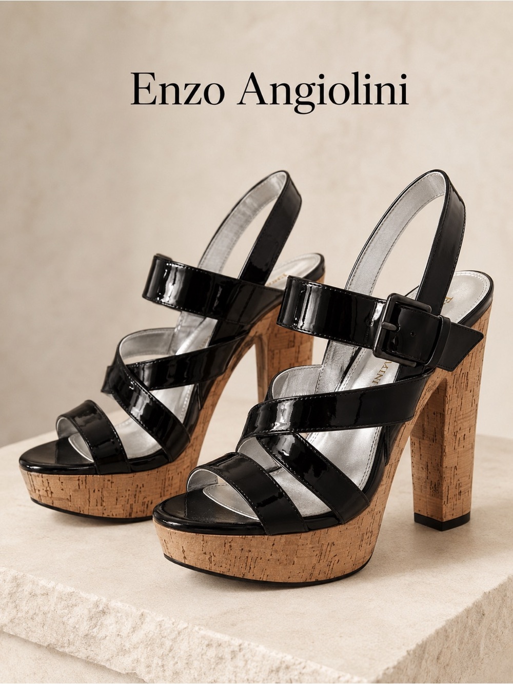 Enzo Angiolini Black Patent Leather Cork Platform Heels Worn 1x Pristine Size 10